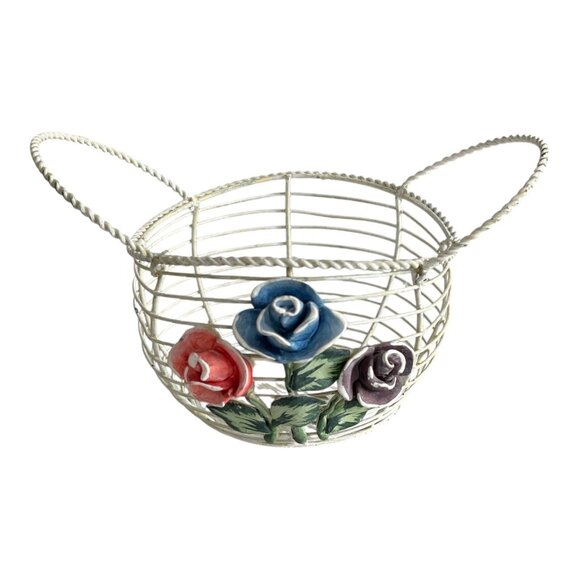 Vtg Wire Basket with Hand-Painted Ceramic Roses – Red, Blue, Purple Flowers - Picture 1 of 3